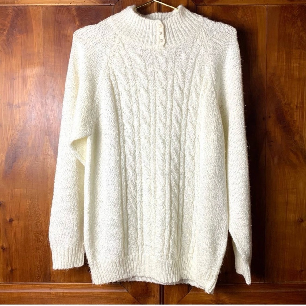 Vintage Cream Cable Knit Mock Turtleneck Acrylic Sweater - Picture 5 of 10